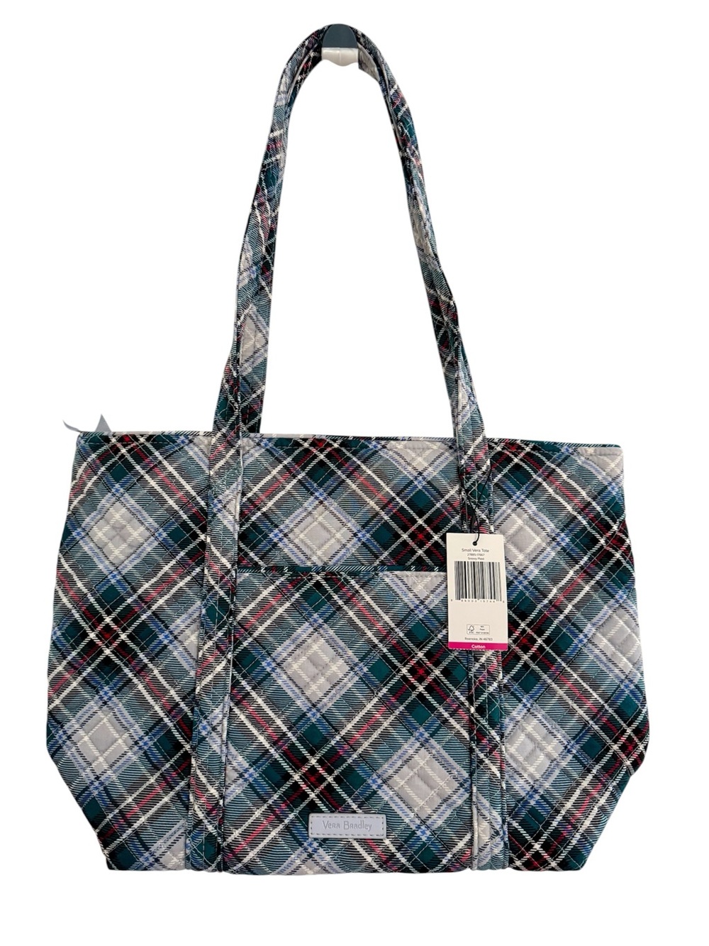 Vera Bradley Plaid Tote in Blue, Gray and White with Pink Accents